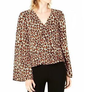 Bar III Surplice Bell Sleeve Fuzzy Cheetah Top